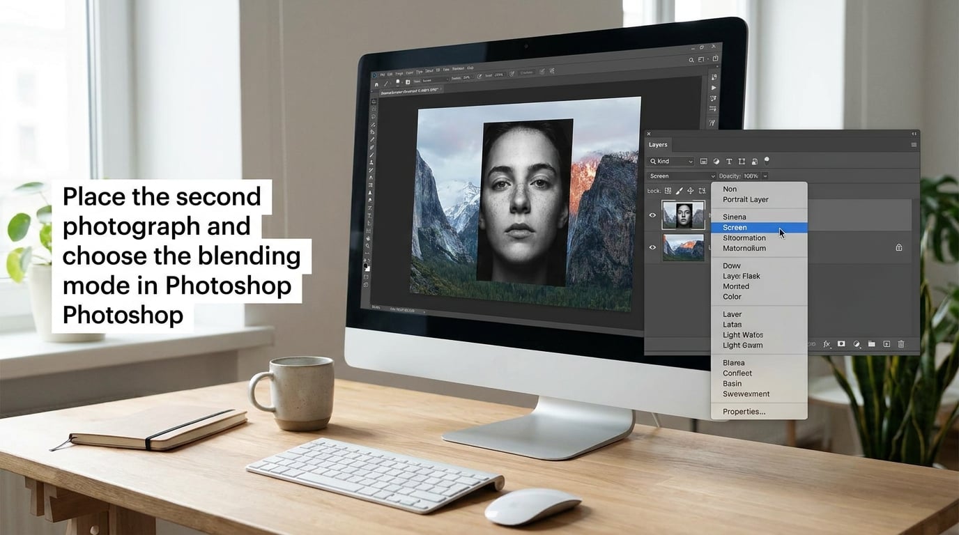 Place the second photograph and choose the blending mode in Photoshop
