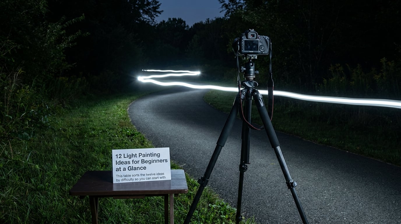 12 Light Painting Ideas for Beginners at a Glance This table sorts the twelve ideas by difficulty so you can start with
