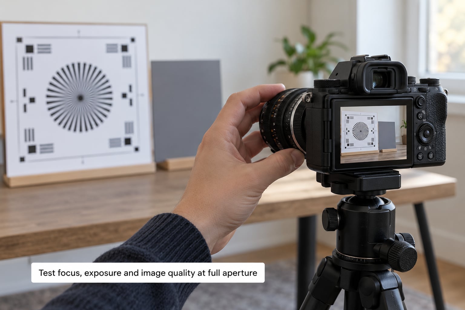 Test focus, exposure and image quality at full aperture