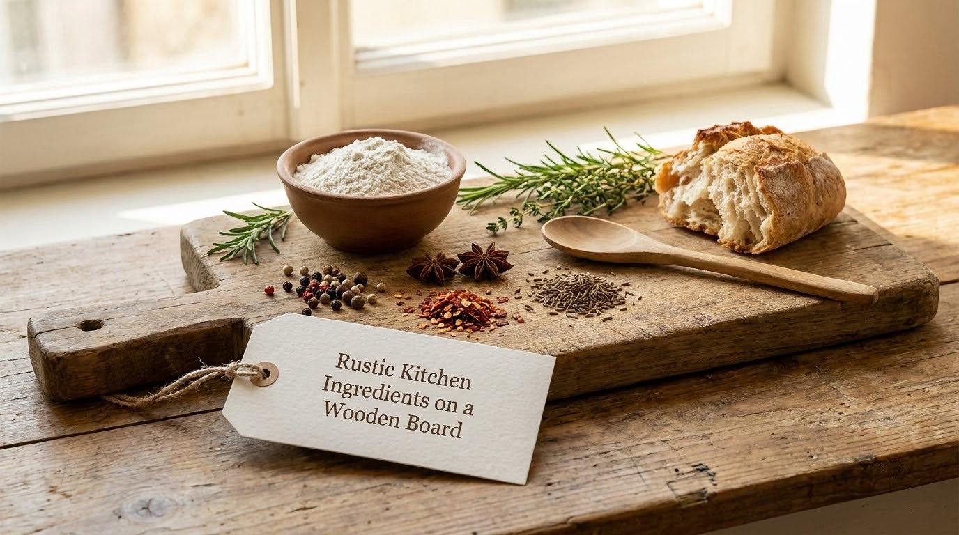 Rustic Kitchen Ingredients on a Wooden Board